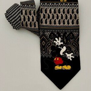 VTG NECKTIE DISNEY LEEDS INT'L MICKEY MOUSE PAISLEY PRINT SILK BLACK BEIGE RED